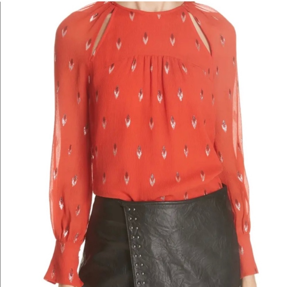 Joie Mosi Red and Gold Metallic Peasant Blouse